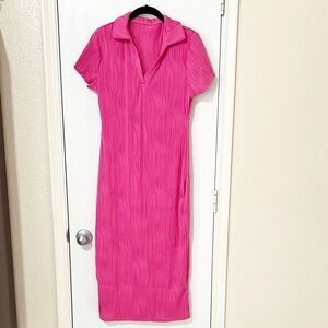 [Shein] Pink Midi Slim Dress V-Neck Collared Popover Summer Beach Barbie Size L